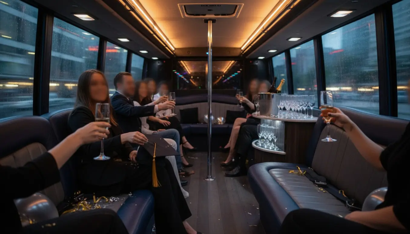 Interiør af en partybus i bevægelse til en PhD-fest med gæster, drinks og stemningsfuld belysning.