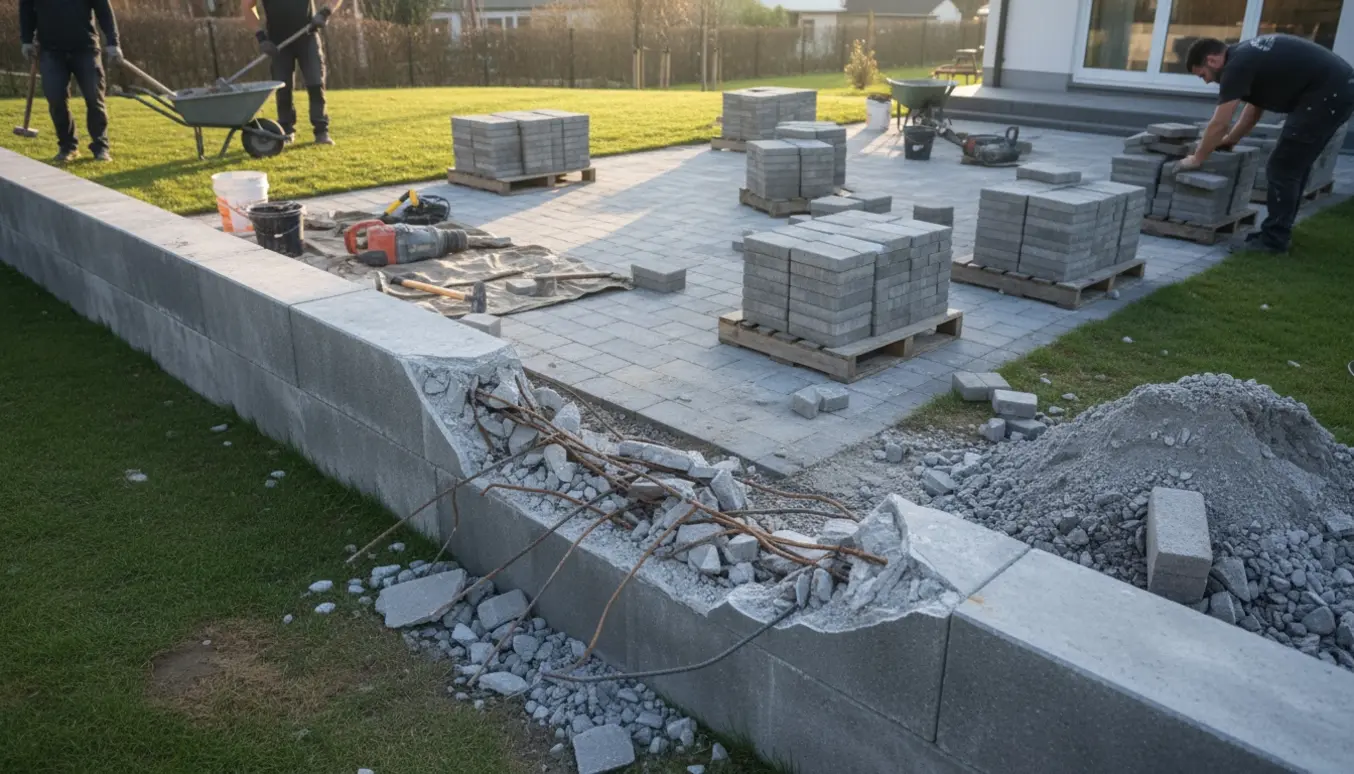 Delvist nedbrudt støttemur og stabler af fjernede fliser i en forhave med værktøj og håndværkere uden synlige ansigter.