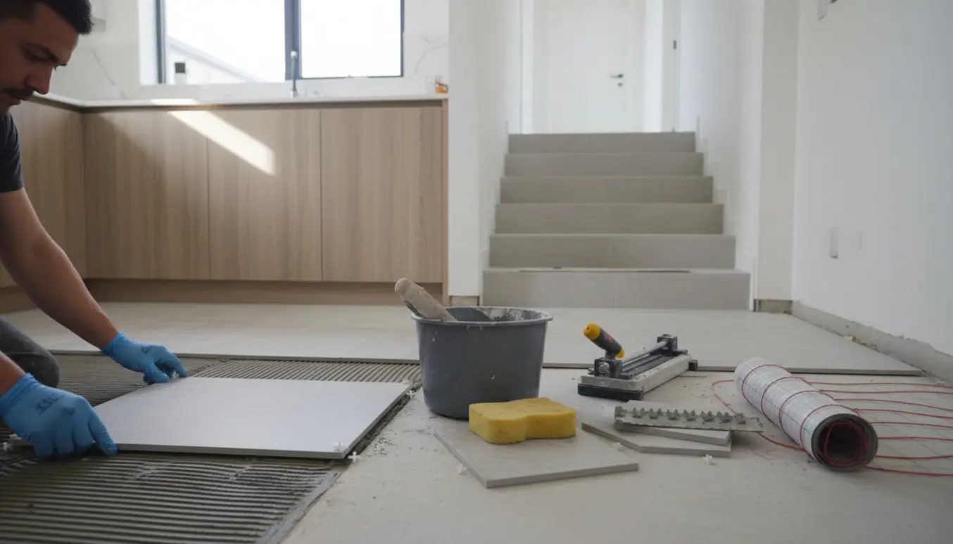 Hænder placerer grå porcelænsfliser i et lyst køkken, med synlige undergulvsvarelementer og en delvist flisebelagt trappe i baggrunden.