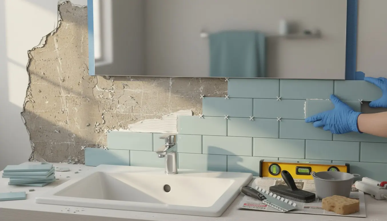 Nye fliser sættes op over en håndvask i badeværelset med værktøj og delvist fjernede gamle fliser.