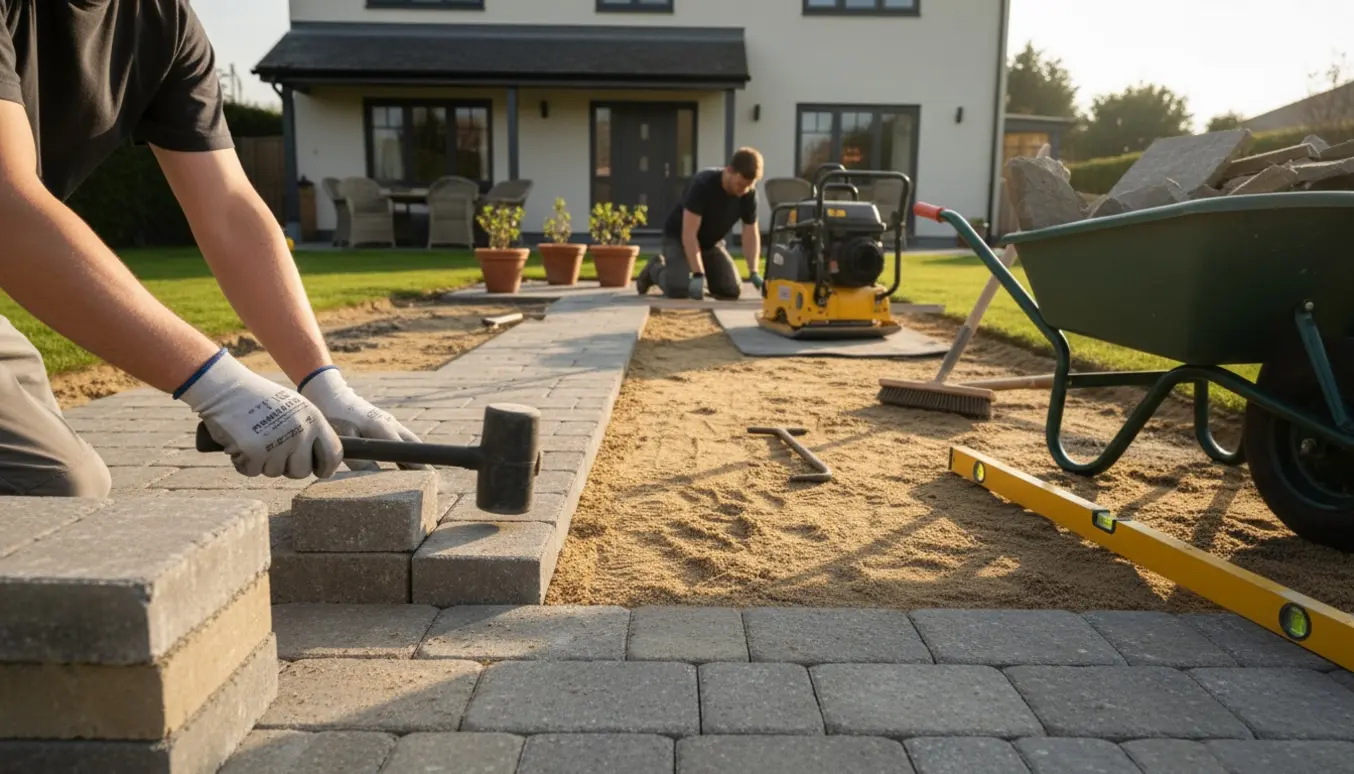 Arbejdshænder lægger nye fliser på bundsand foran huset og på terrassen.