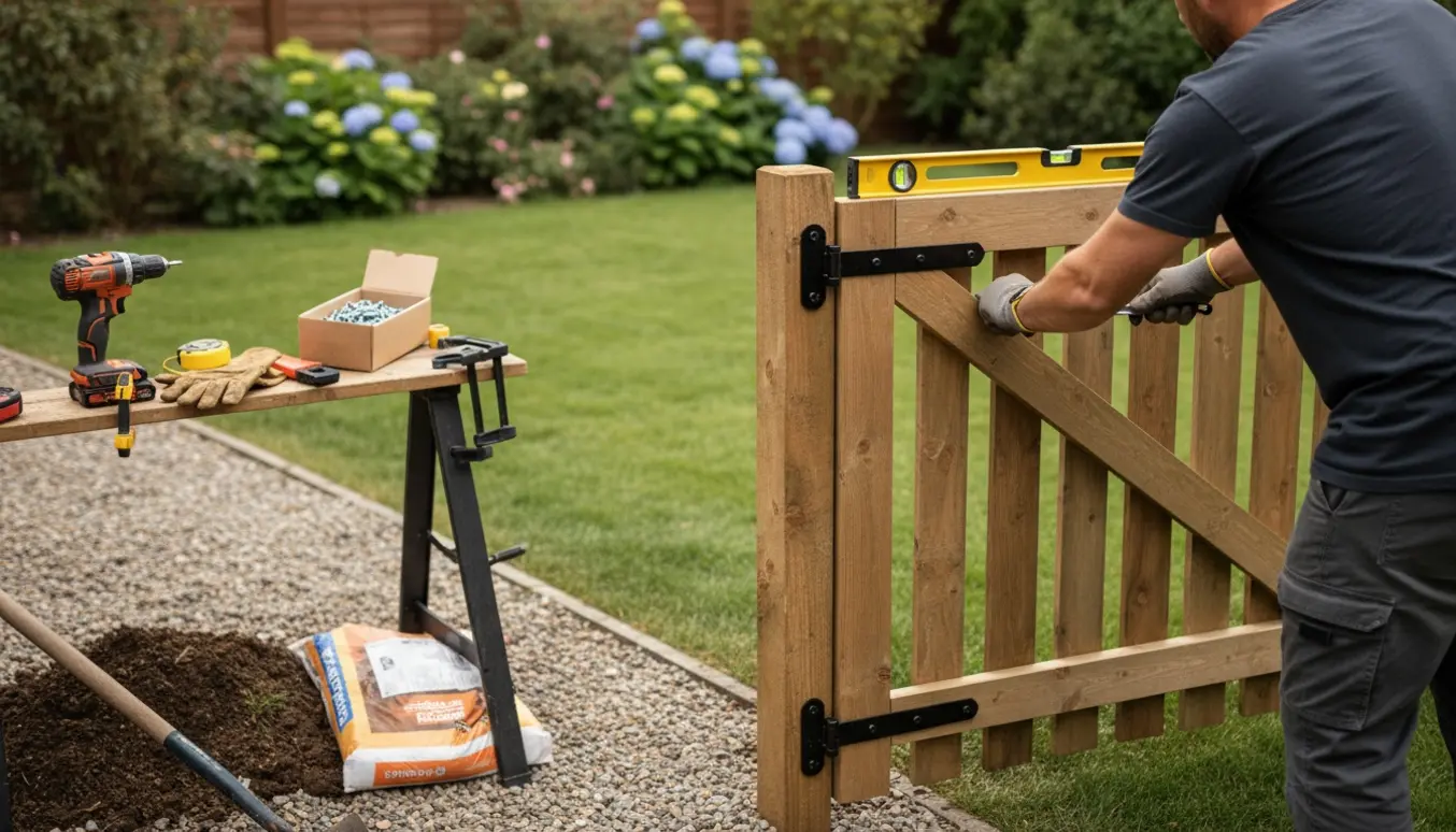 En håndværker monterer en træhavelåge mellem hegnspæle med værktøj og materialer rundt omkring.