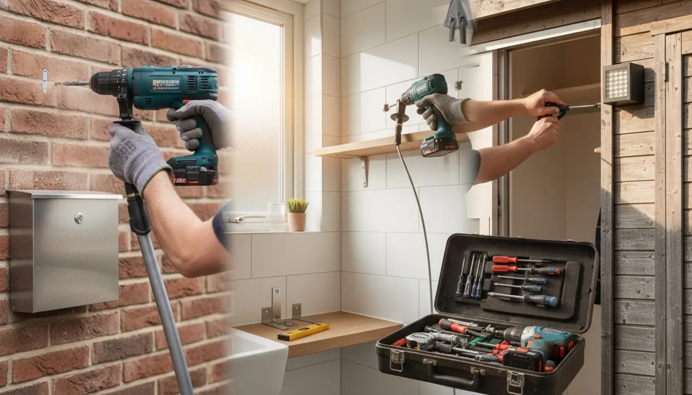 Hænder monterer postkasse i mursten, egetræshylde i fliser og en solcellelampe på et skur.