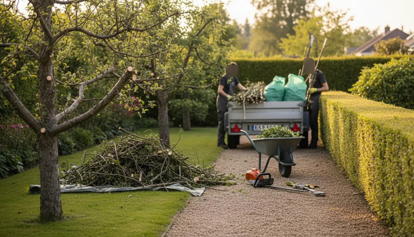 Nyskåret æbletræ og trimmet hæk med grenaffald i trillebør og trailer klar til afhentning.