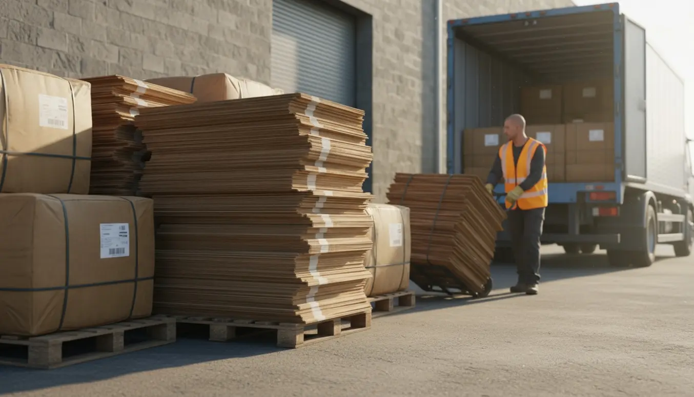 Sammenpresset pap og en arbejdstager med tralle ved en virksomheds læsserampe klar til afhentning.