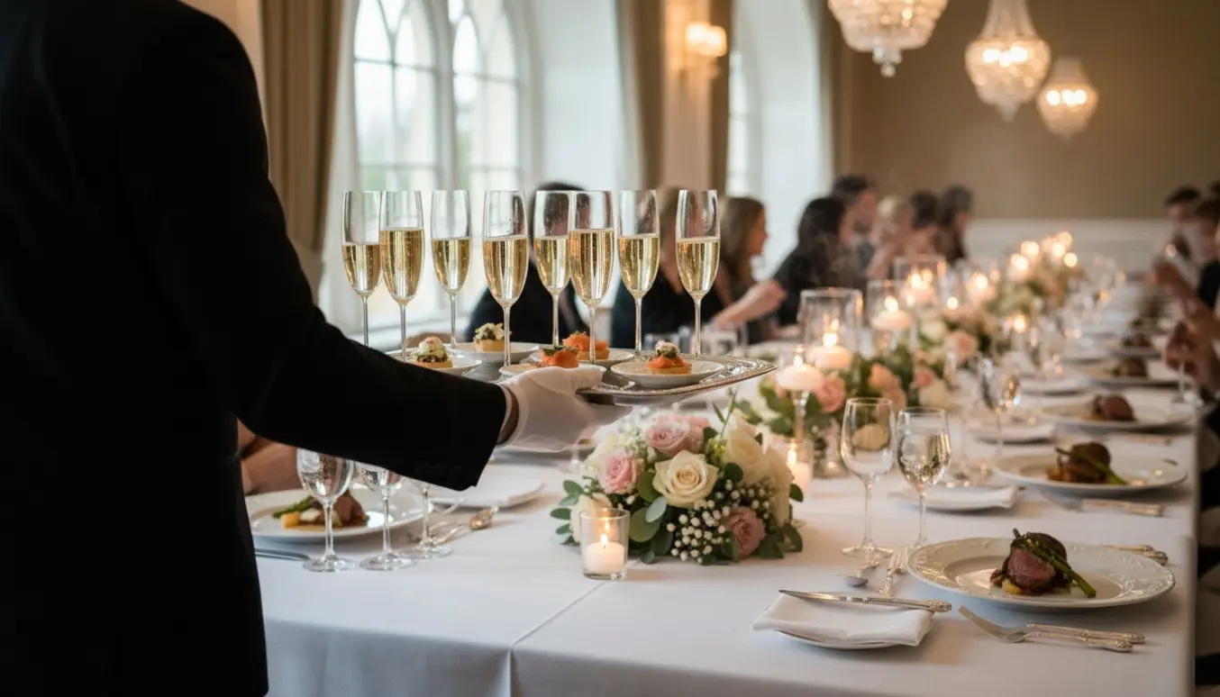 Server rækker champagne og anretninger ved en elegant bryllupsreception og middag, med slørede ansigter.