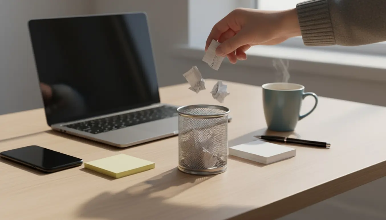 Hånd smider sammenkrøllet, revet opgaveliste i en skraldespand på et ryddet skrivebord, som symbol på en slettet opgave.