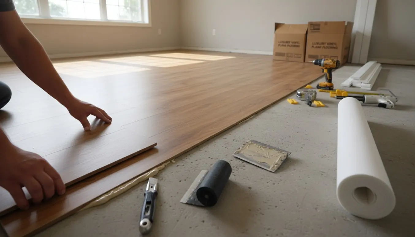 Hænder lægger vinylgulv på et betongulv i et lyst rum med lister og værktøj klar.