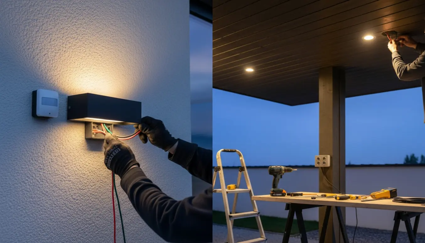 Elektriker monterer udendørs LED-lamper, bevægelsessensor og vejrbeskyttede stikkontakter ved carporten.