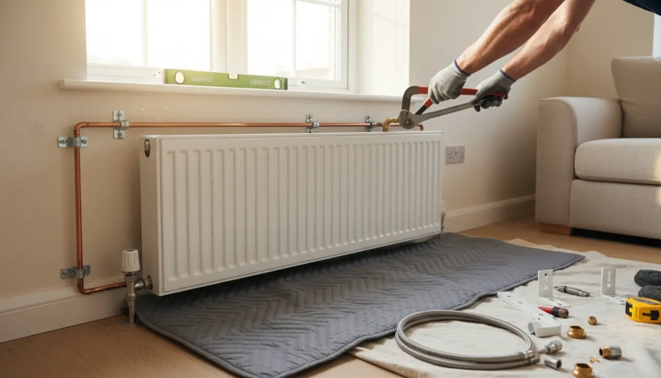 Hænder flytter en radiator langs en væg med synlige rør tæt ved loftet i en lys stue.