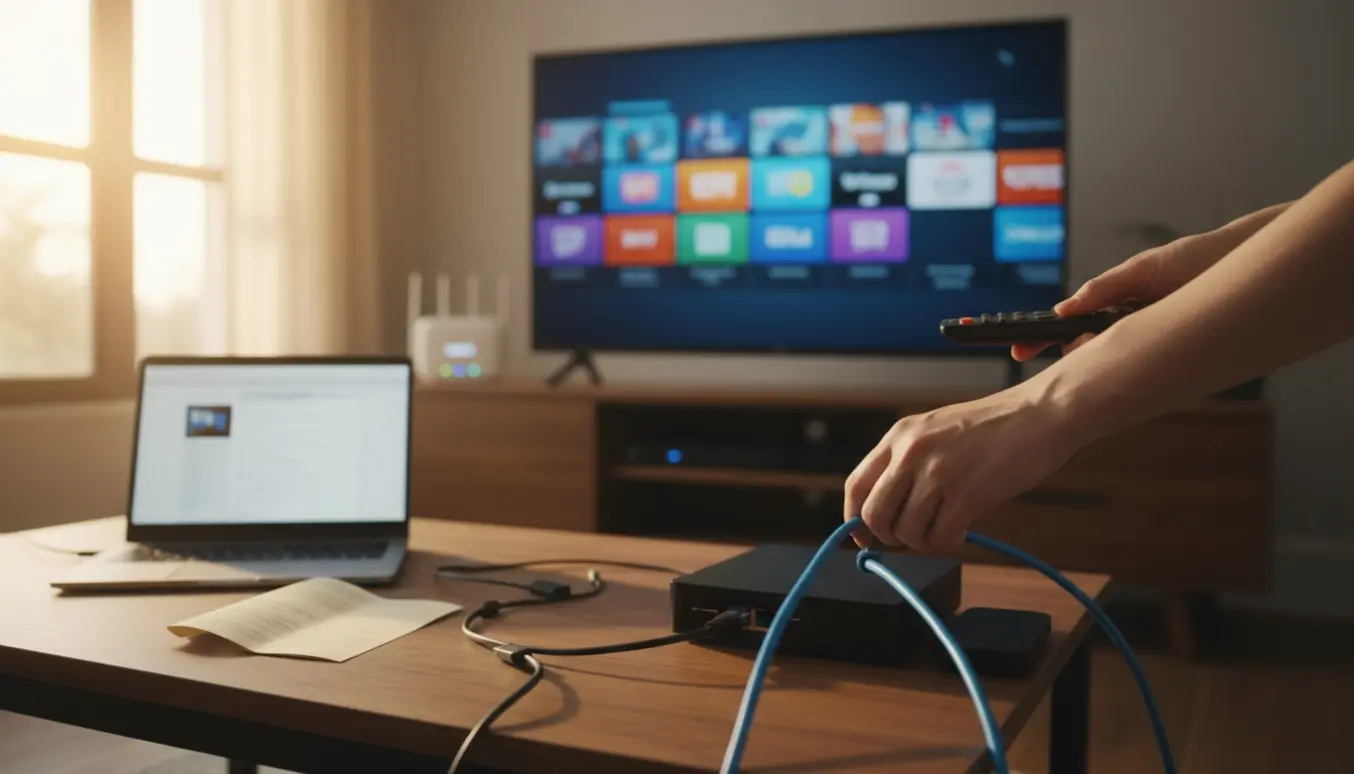 Hænder opsætter en TV-boks og netværkskabel foran et HDTV med farvede kanalminiaturer på skærmen.