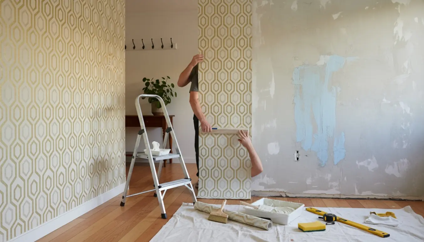 Entré med tre vægge under tapetsering, håndværkeres hænder og værktøj synlige.