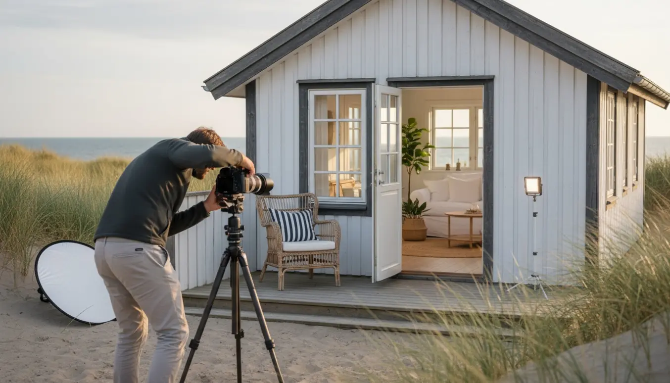 Fotograf tager billede af et hvidt sommerhus i Blokhus i gyldent lys med kamera på stativ og et hyggeligt skandinavisk interiør synligt.