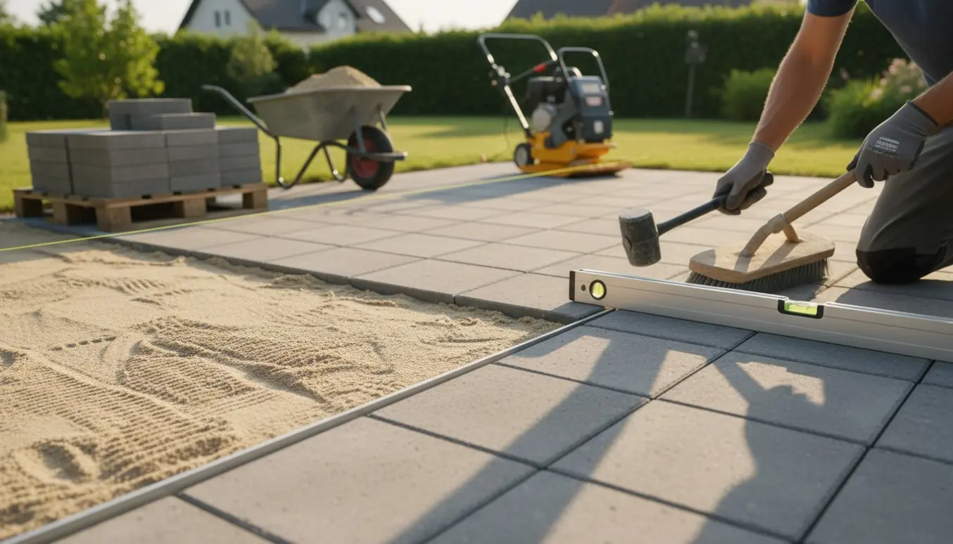 Delvis færdig terrasse med jævnet afretningssand, firkantede fliser og håndværker, der slår fliser på plads med gummihammer.