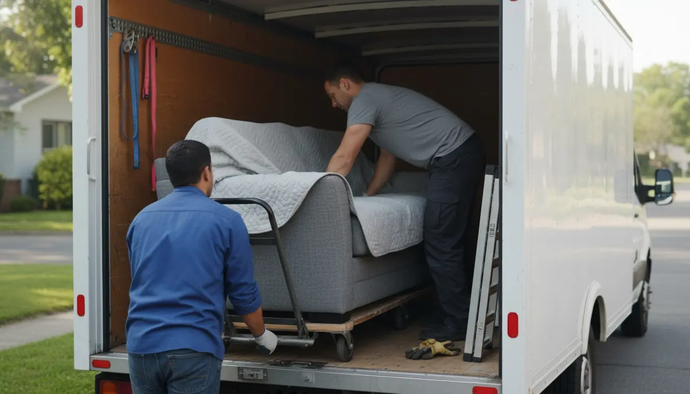 To flyttefolk læsser en 2 meter lang sofa ind i en varevogn ved fortovet med flyttekarren og beskyttelsestæpper.