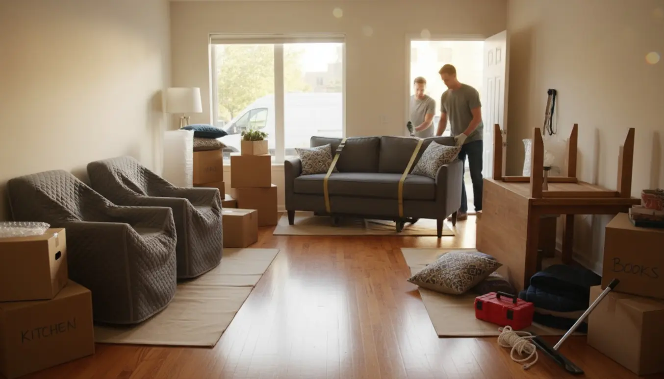 Flyttefolk fører en sofa ud ad døren i et lyst hjem med pakket spisebord, to indpakkede lænestole og stakke flyttekasser.