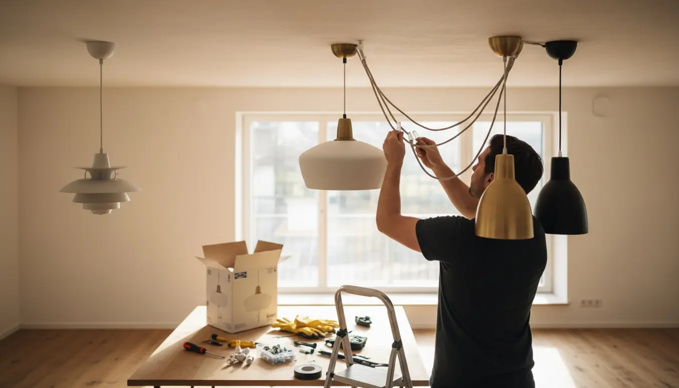 Fire lamper hænges op i tre loftudtag, med hænder på en stige, værktøj og en stor lampe, der erstatter en hvid IKEA-lampe.