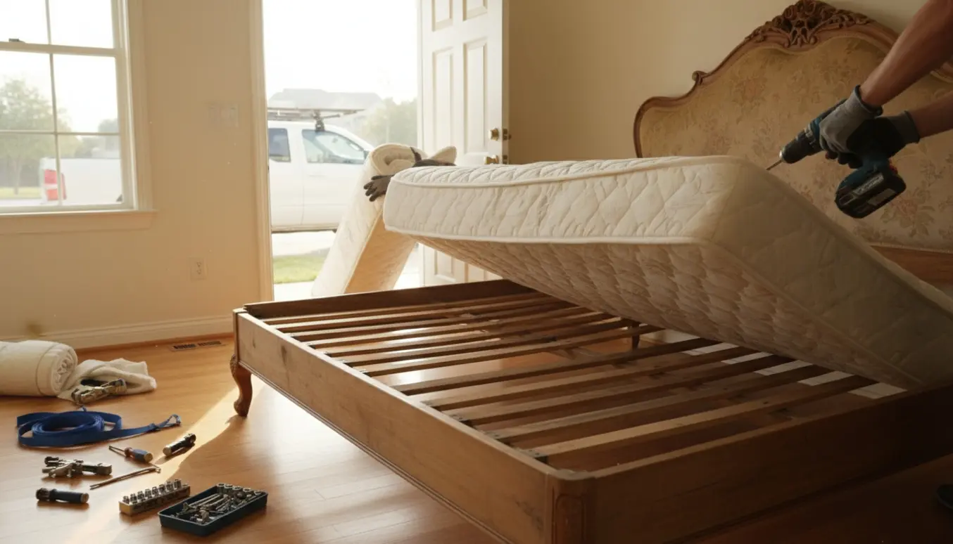 Delvist adskilt gammel seng og madras bæres ud af et soveværelse, mens værktøj ligger klar.