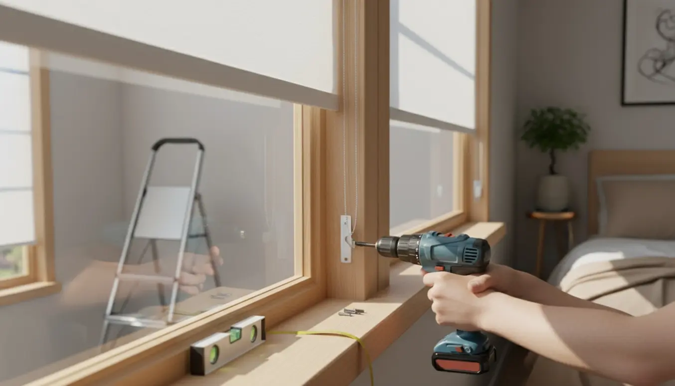 Hænder monterer et hvidt rullegardin i et lyst soveværelse med værktøj ved vinduet.