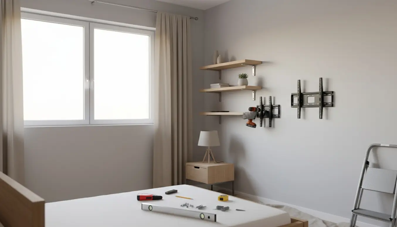 Indendørs DIY-scene med hænder, der monterer TV-beslag, gardinstang over vindue, tre hylder, sengeramme og to lamper.