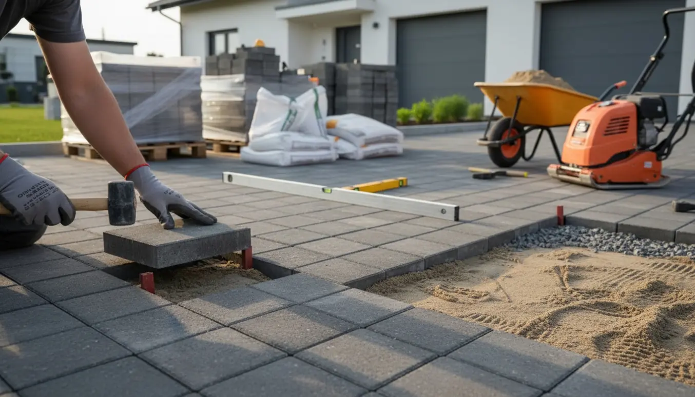 Nærbillede af arbejdshænder der lægger grå fliser i en udvidet indkørsel med materialer og værktøj i baggrunden.