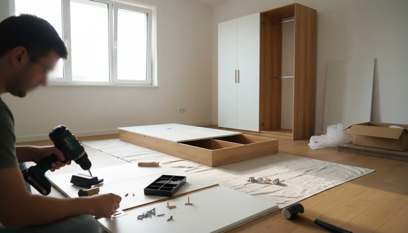 To moderne garderobeskabe under samling i et lyst værelse med værktøj og åbne paneler, uden synlige ansigter.