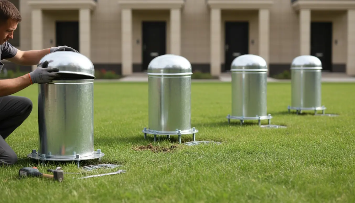 Fem galvaniserede udendørsskraldespande monteres på græs foran opgange, en håndværker fastgør toppen til den tunge fod.