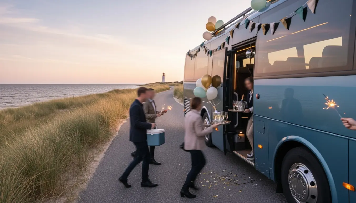 Partybus parkeret ved nordjysk kyst i solnedgang, pyntet til polterabend med gæster, der stiger ombord.