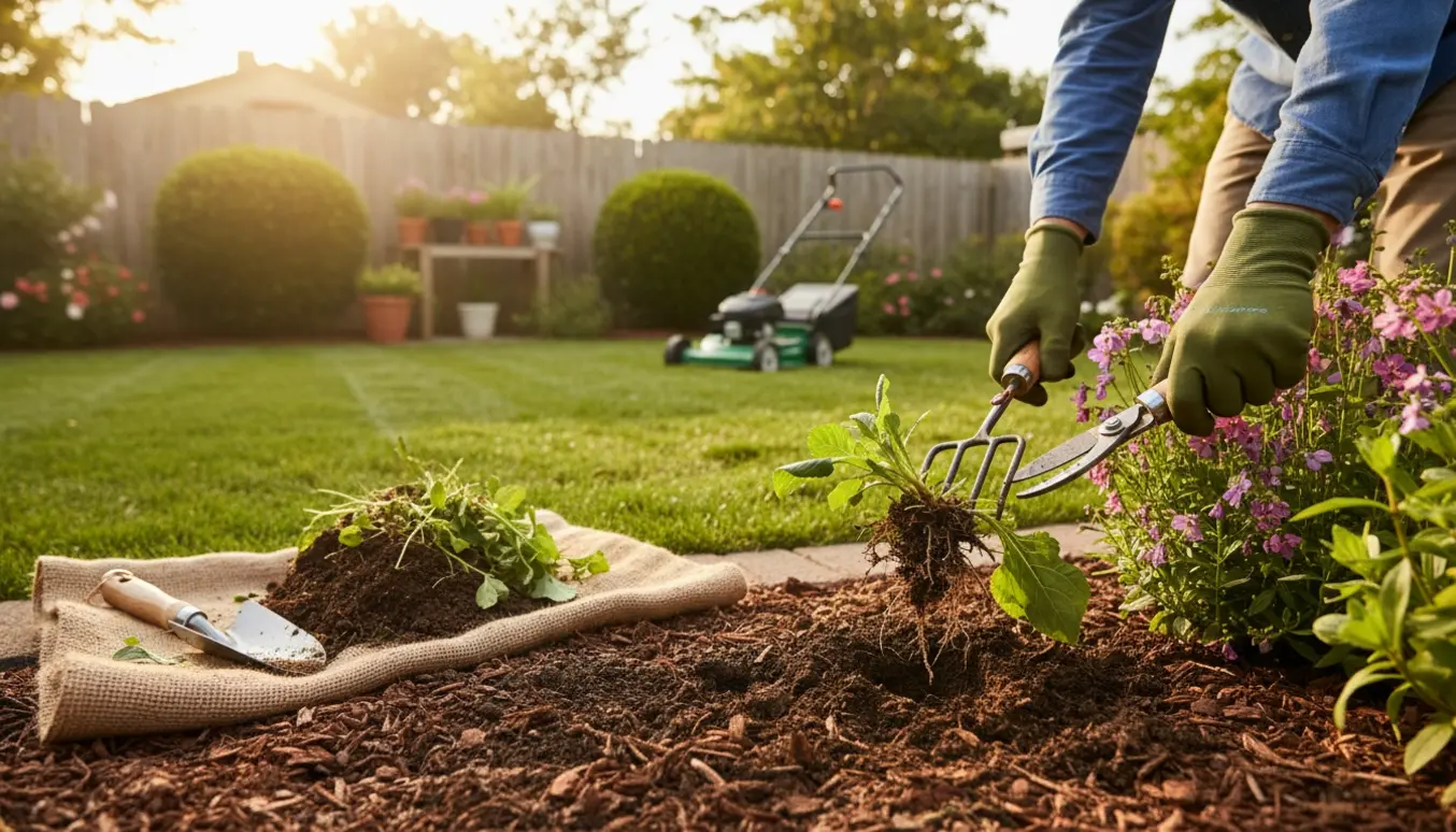 Hænder i havehandsker luger ukrudt og klipper buske med plæneklipper og grøn græsplæne i baggrunden.