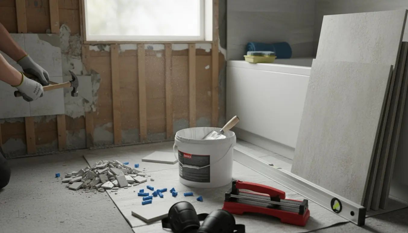 Badeværelse under renovering med gamle fliser fjernet fra vægge og gulv, nye fliser og værktøj klart til oplægning.