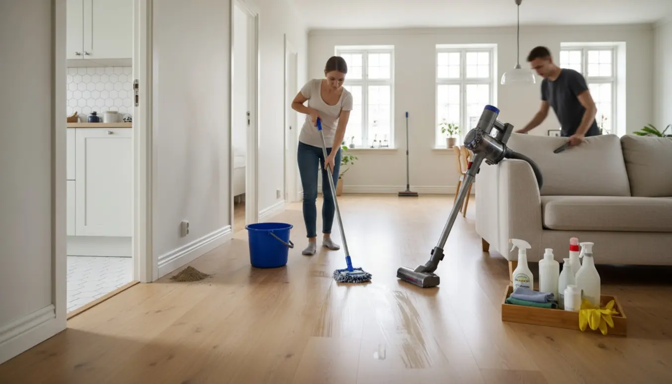 Dybt rengjort moderne hjem med en person der vasker gulv i gangen og en støvsuger ved sofaen.