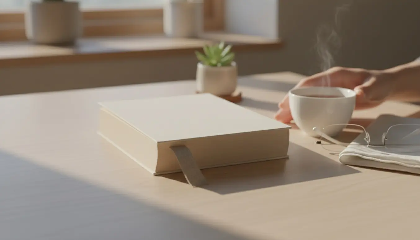 En let paperback-bog ligger åben på et lyst træbord med en kop te i blødt naturligt lys.