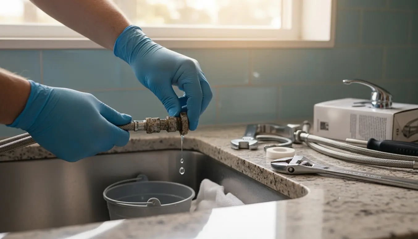 Nærbillede af hænder, der udskifter en utæt vandhane under vasken med værktøj og en ny armatur ved siden af.
