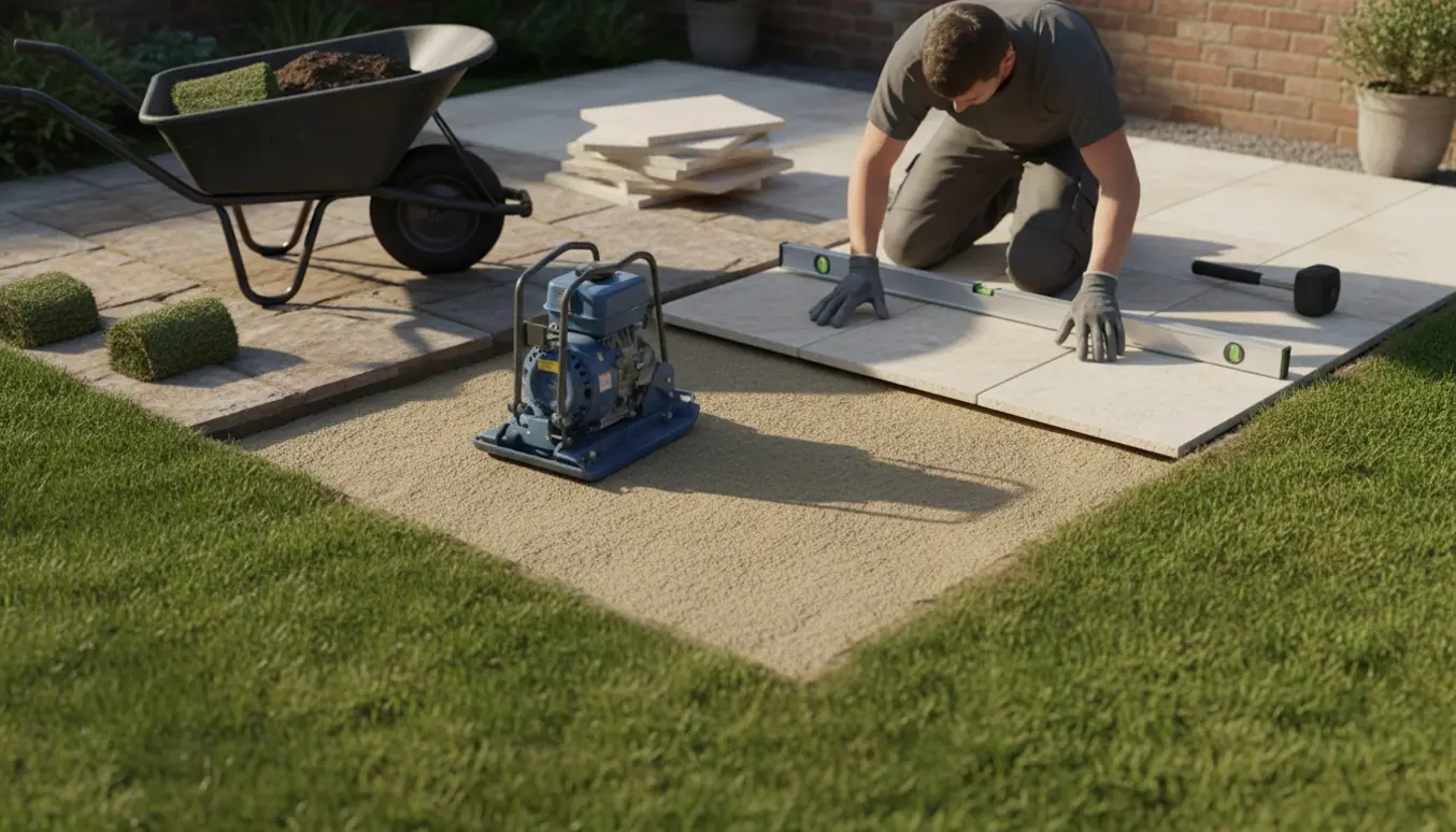 Lille græsplæne graves op og lægges fliser som forlængelse af en eksisterende terrasse.