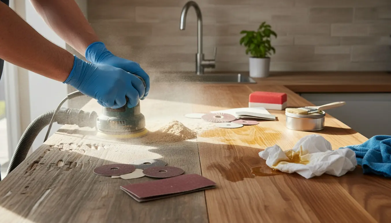 Hænder sliber og olierer et slidt trækøkkenbord med maskinsliber, sandpapir og olie.