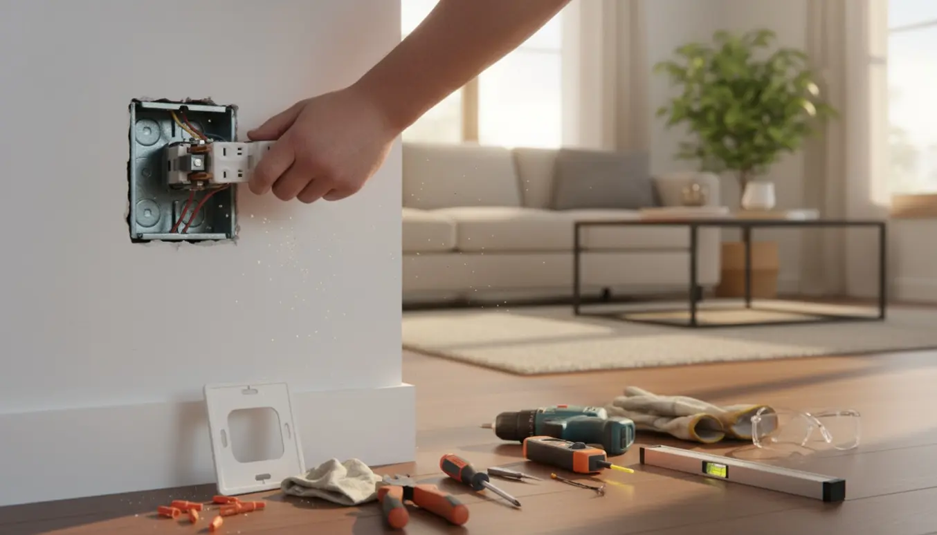 Elektriker installerer en ny stikkontakt i en stue; kun hænder og værktøj er synlige.