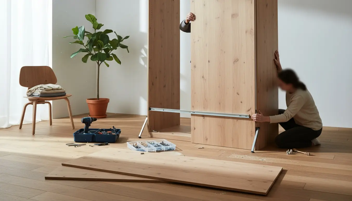 Et lyst soveværelse med et garderobeskab under samling, værktøj og komponenter organiseret på gulvet.