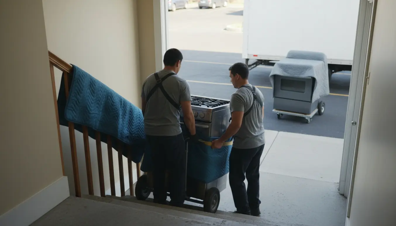 To flyttemænd bærer et komfur op ad en trappe, mens et andet står på en dolly i parkeringspladsen.