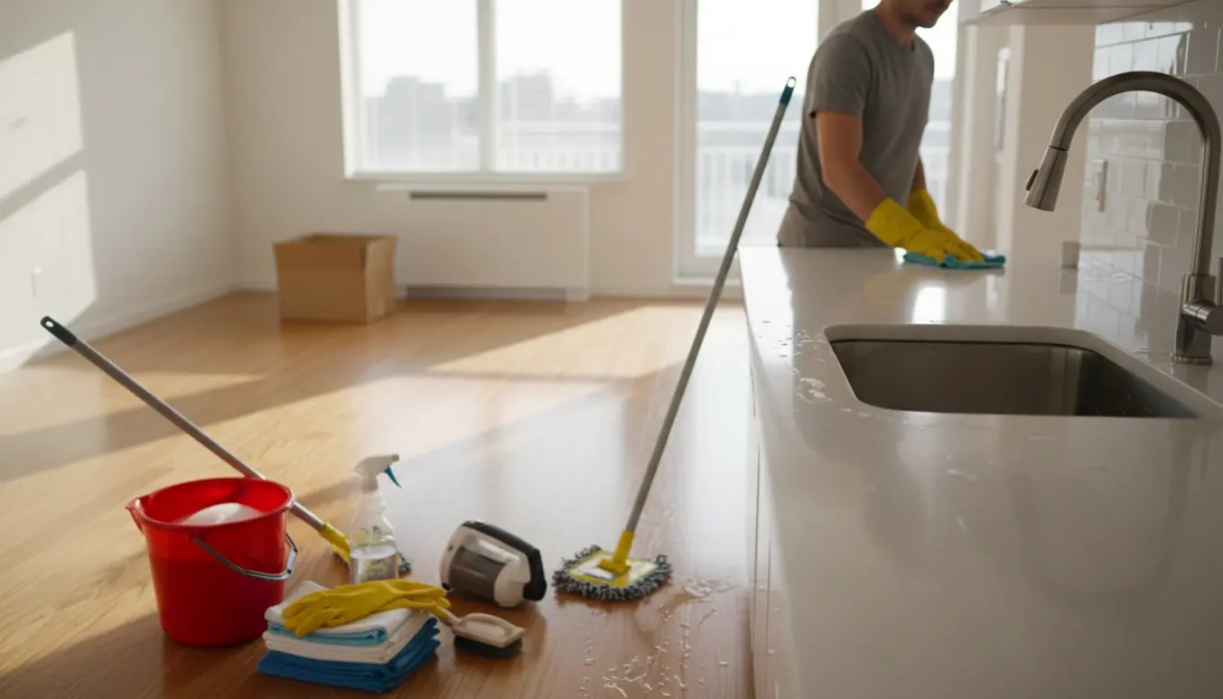 En rengøringsperson uden synligt ansigt gør en tom toværelses lejlighed klar til fraflytning med moppe, spand og microfiberklud i naturligt dagslys.