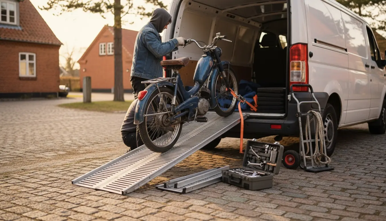 To hjælper læsser en knallert ind i en varevogn ved indkørsel i blødt morgenglimt.