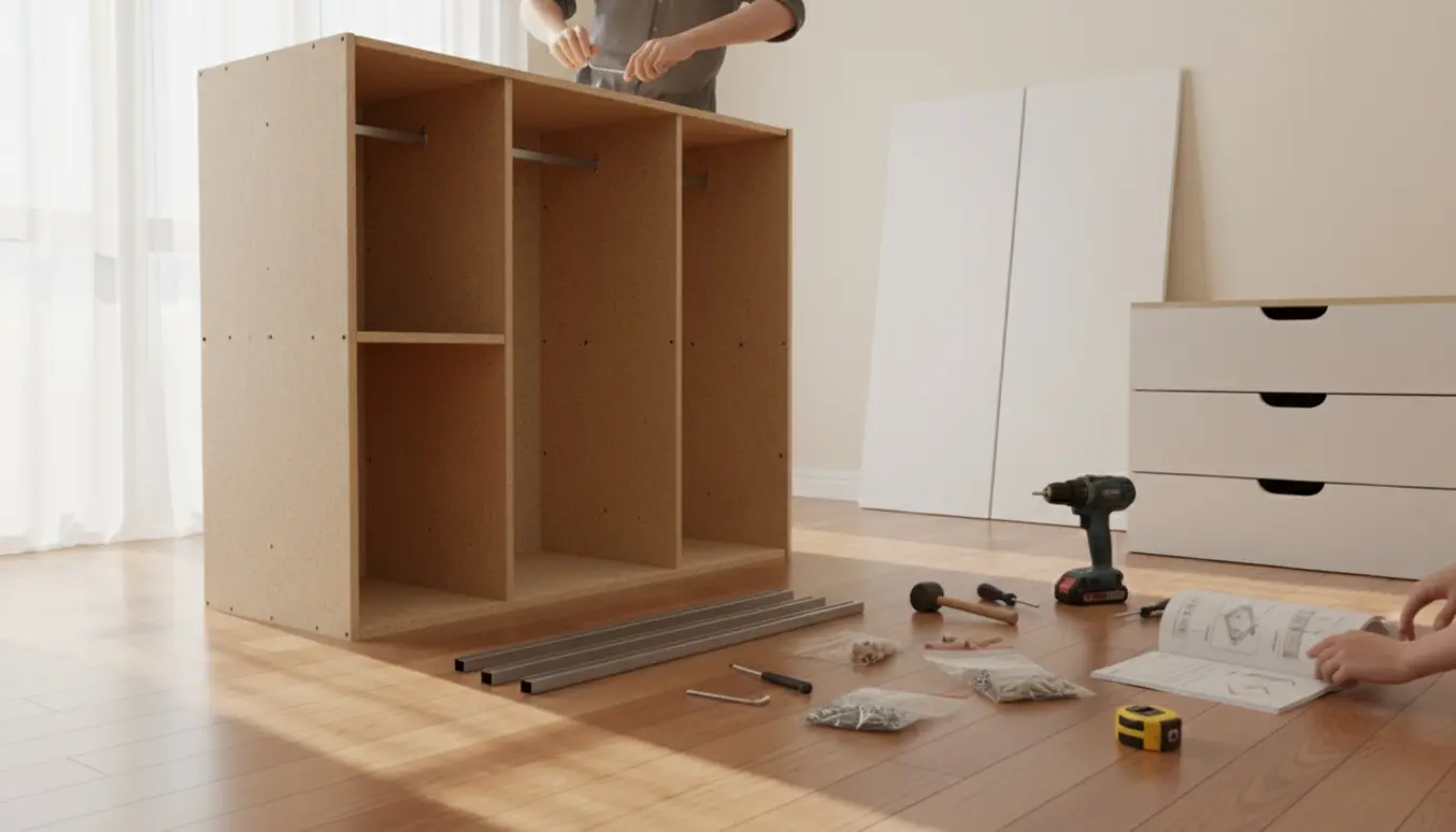 Delvist samlet PAX-garderobe på stuegulv med værktøj og sløret montagevejledning i naturligt dagslys.