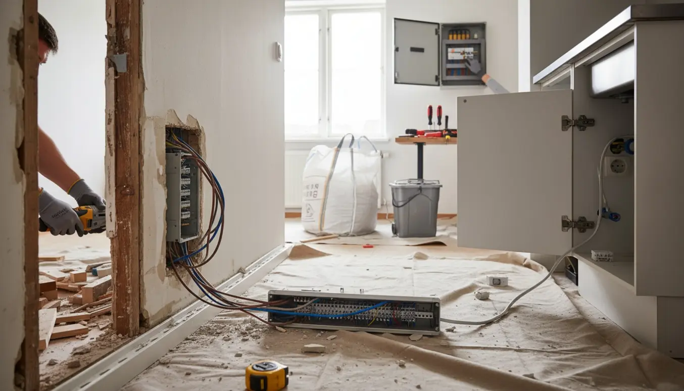 Delvist nedrevet væg med blottede stolper og eksponerede el-ledninger, mens håndværkere trækker nye kabler og rydder affald.