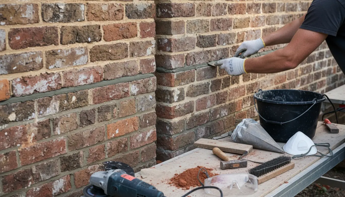 Nærbillede af to murstensmure, hvor gammel mørtel er fjernet og nye fuger bliver lagt med håndværktøj.