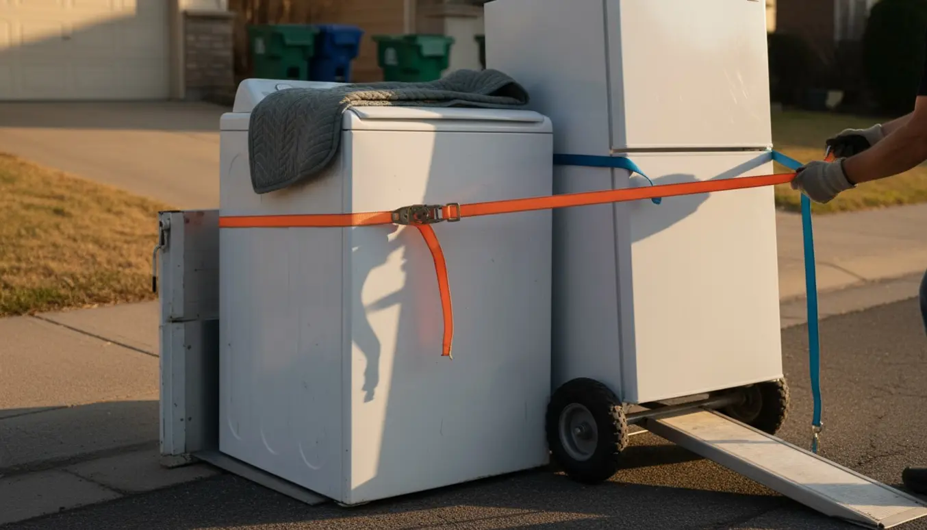 Vaskemaskine og køleskab fastspændt på en lastbil med sækkevogn og stropper klar til aflevering som storskrald.