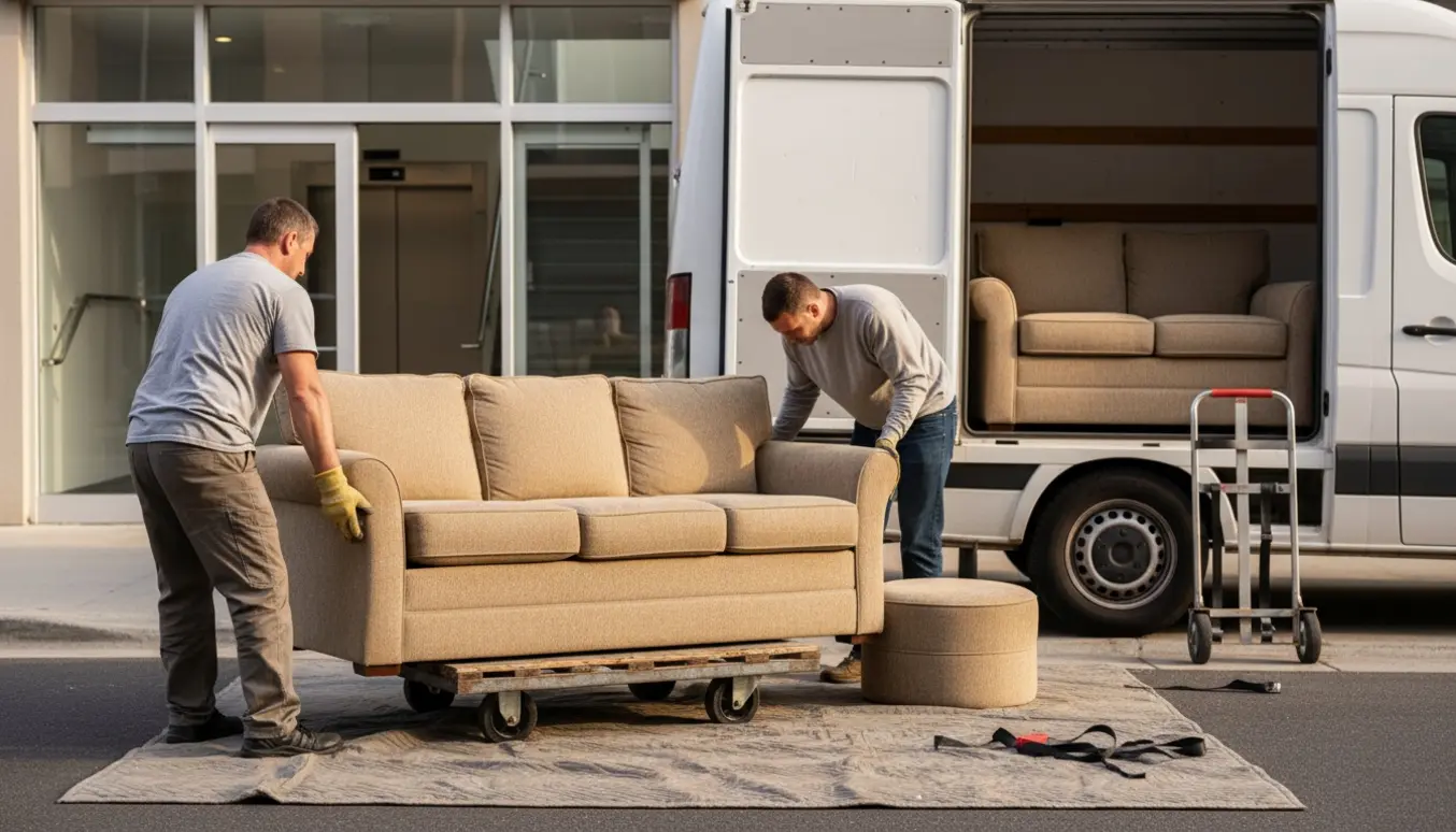 En trepersoners sofa, lænestol og puf på flyttetæpper ved en åben flyttebil foran en opgang, klar til afhentning.