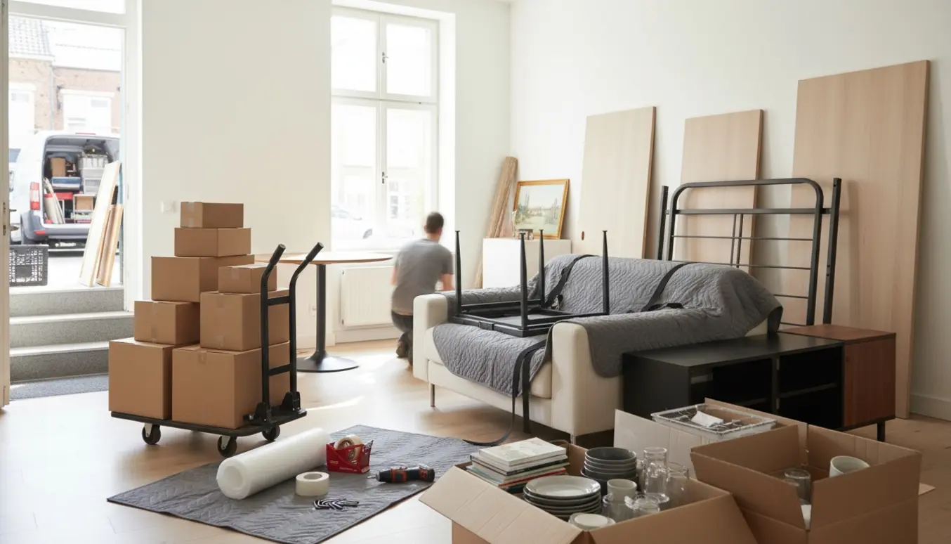 Lejlighed ryddet til dødsbo med flyttekasser, afmonterede møbler og pakkematerialer.