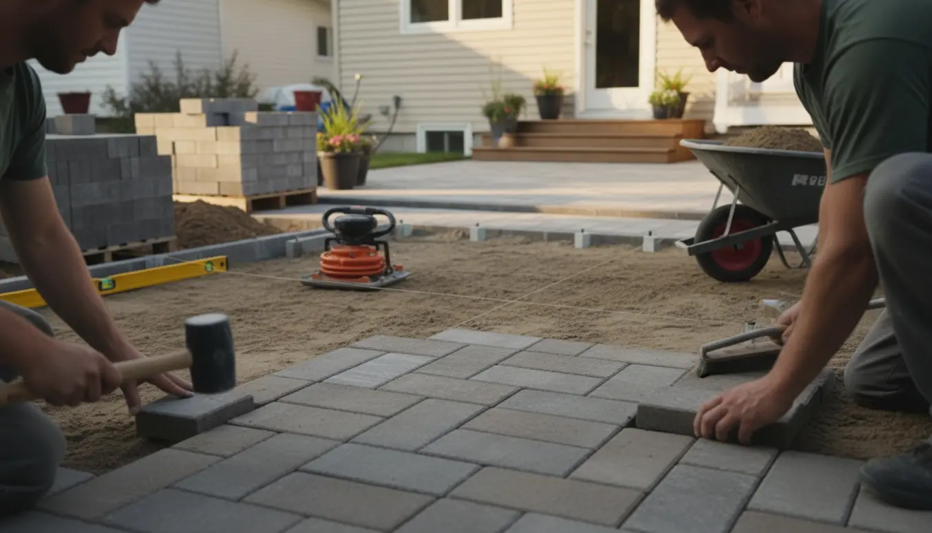 Nyanlagt indkørsel og terrasse med fliser og værktøj i varmt naturligt lys.