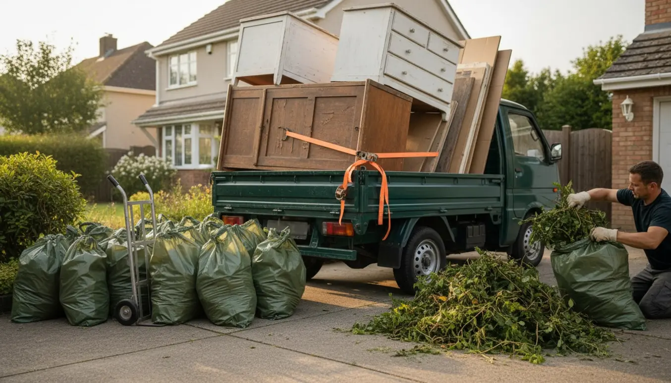 Lastning af skab, kommoder, plader og sække med hækafklip på en ladbil i indkørslen.