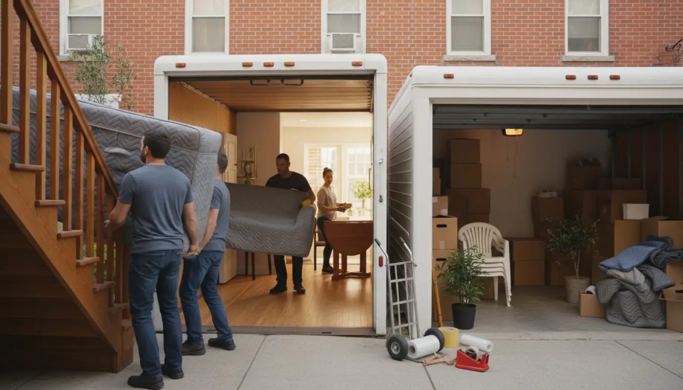 Flyttefolk bærer indpakkede madrasser og møbler fra garage ind i et rækkehus med varebil ved døren.