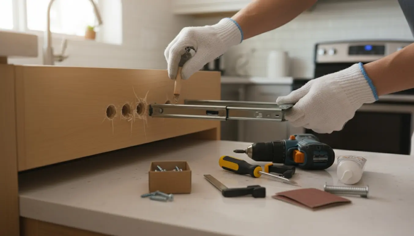 Nærbillede af reparation af køkkenskuffeskinne med beskadigede skruehuller og værktøj.